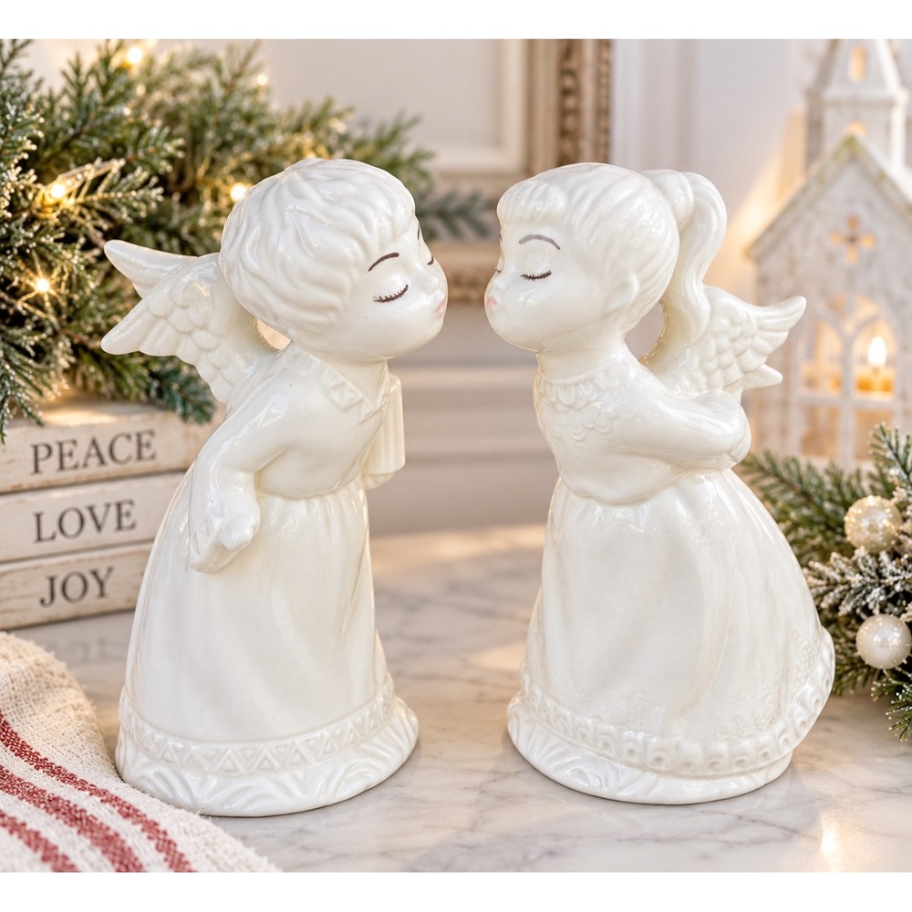 Vintage White Ceramic Kissing Angels Figurines Set Boy and Girl Christmas Decor
